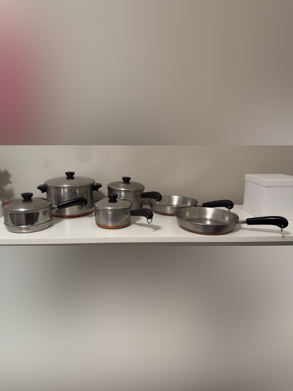 Vintage Revere Ware Stainless Steel Cookware Set with Black Handles - Silver
